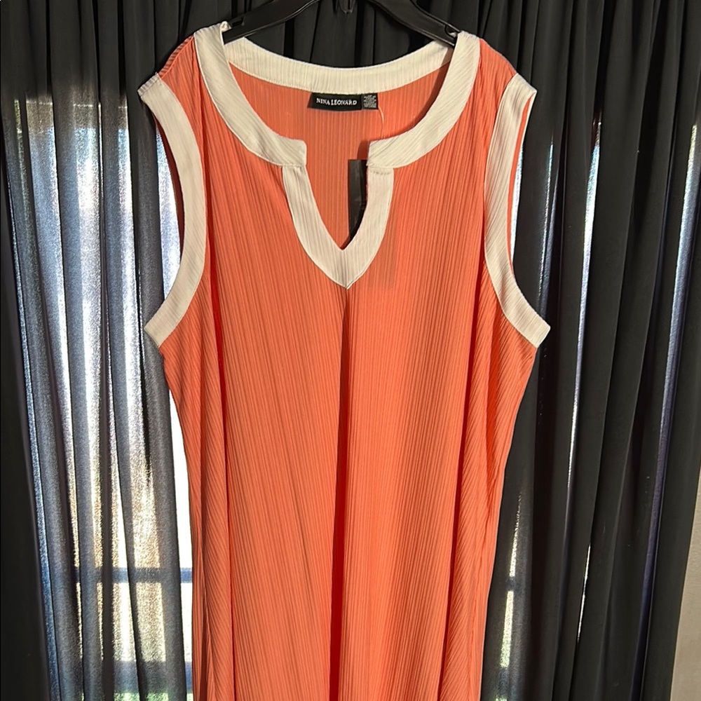 Nina Leonard Orange and White Sleeveless Dress